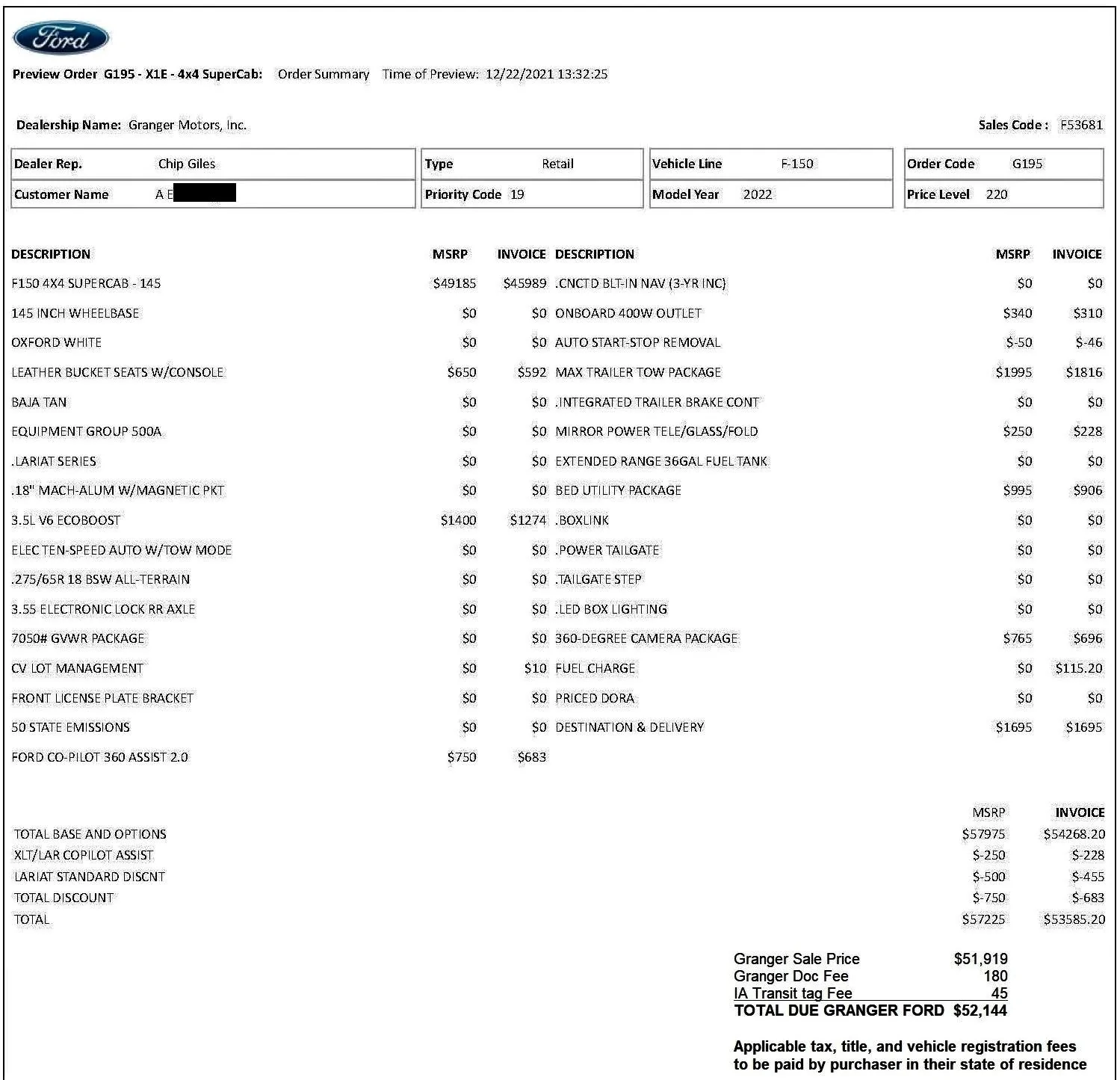 Invoice For A F150 Tremor 2023null